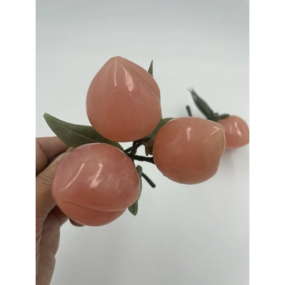 Vintage MCM Green‎ Jade & Rose Quartz Plum Branches With Jade Leaves Set of 2